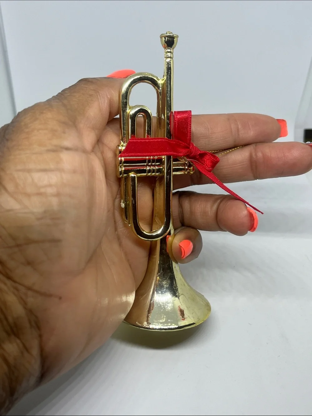 Gold Trumpet Ornament with Red Bow